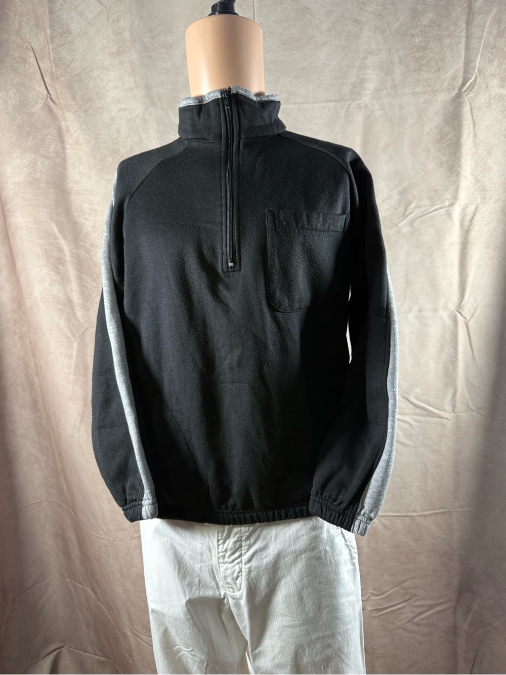 Haband Black Half-Zip Pullover with Gray Sleeve Stripes